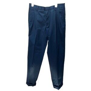 Lands End Pants Men 33X33 Navy Blue Dress Pants Pleated Trousers Traditional Fit